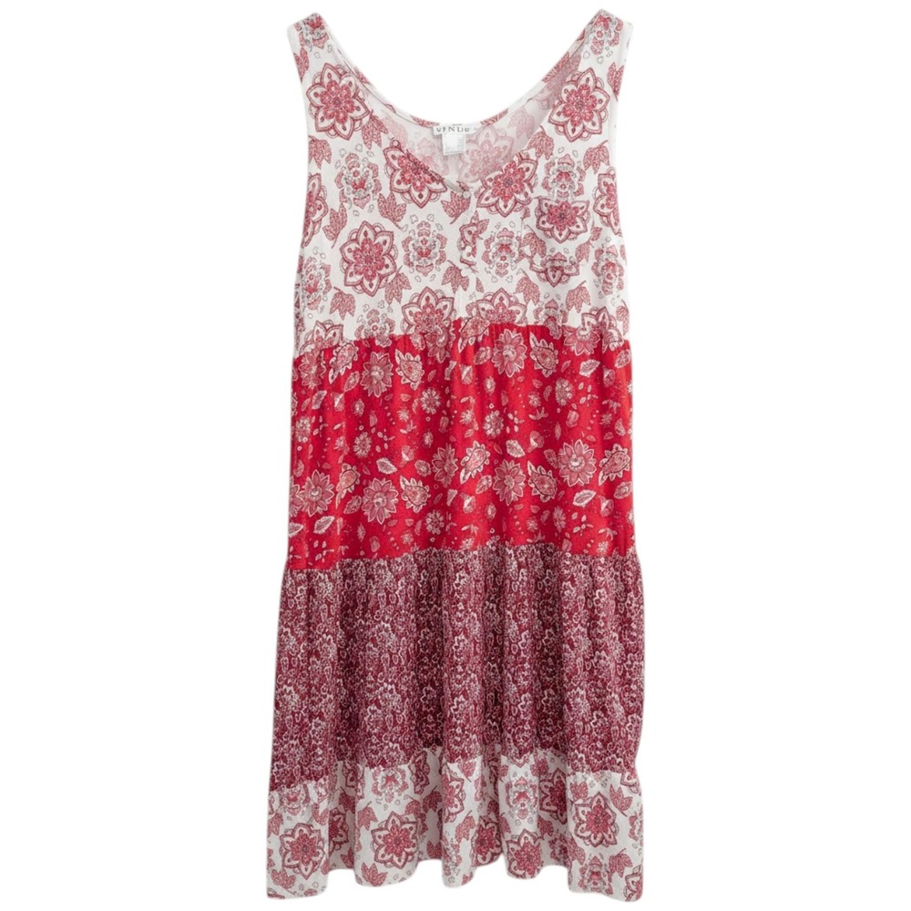 Venus Floral Tiered Midi Dress Womens Size L Cottagecore Paisley Red Sundress